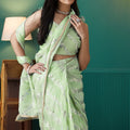 Light Green Organza Saree with Gold Leaf Vine Print and Sequin Lace Border - Mangaldeep NX