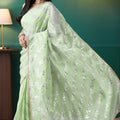Light Green Organza Saree with Gold Leaf Vine Print and Sequin Lace Border - Mangaldeep NX