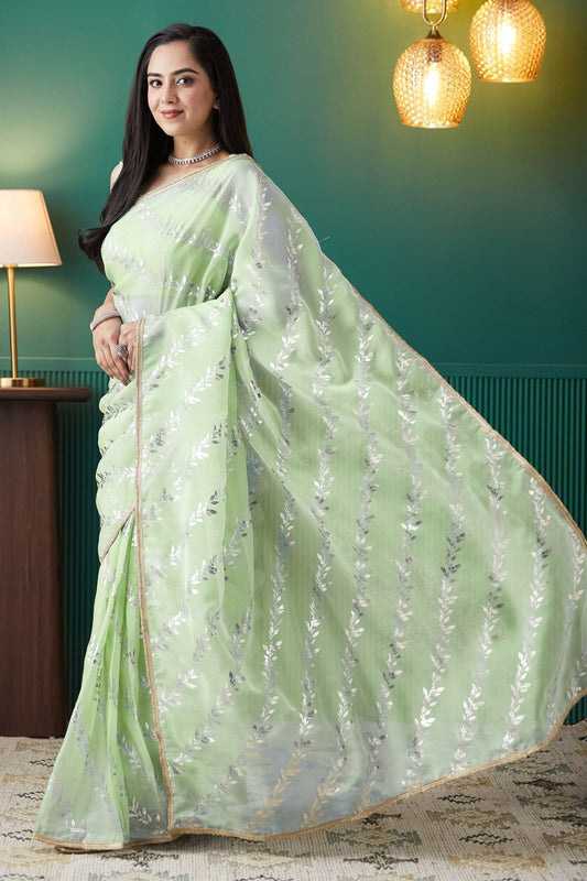 Light Green Organza Saree with Gold Leaf Vine Print and Sequin Lace Border - Mangaldeep NX
