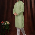 Light Green Printed Art Silk Kurta for Men with Off - White Pyjama - Mangaldeep NX