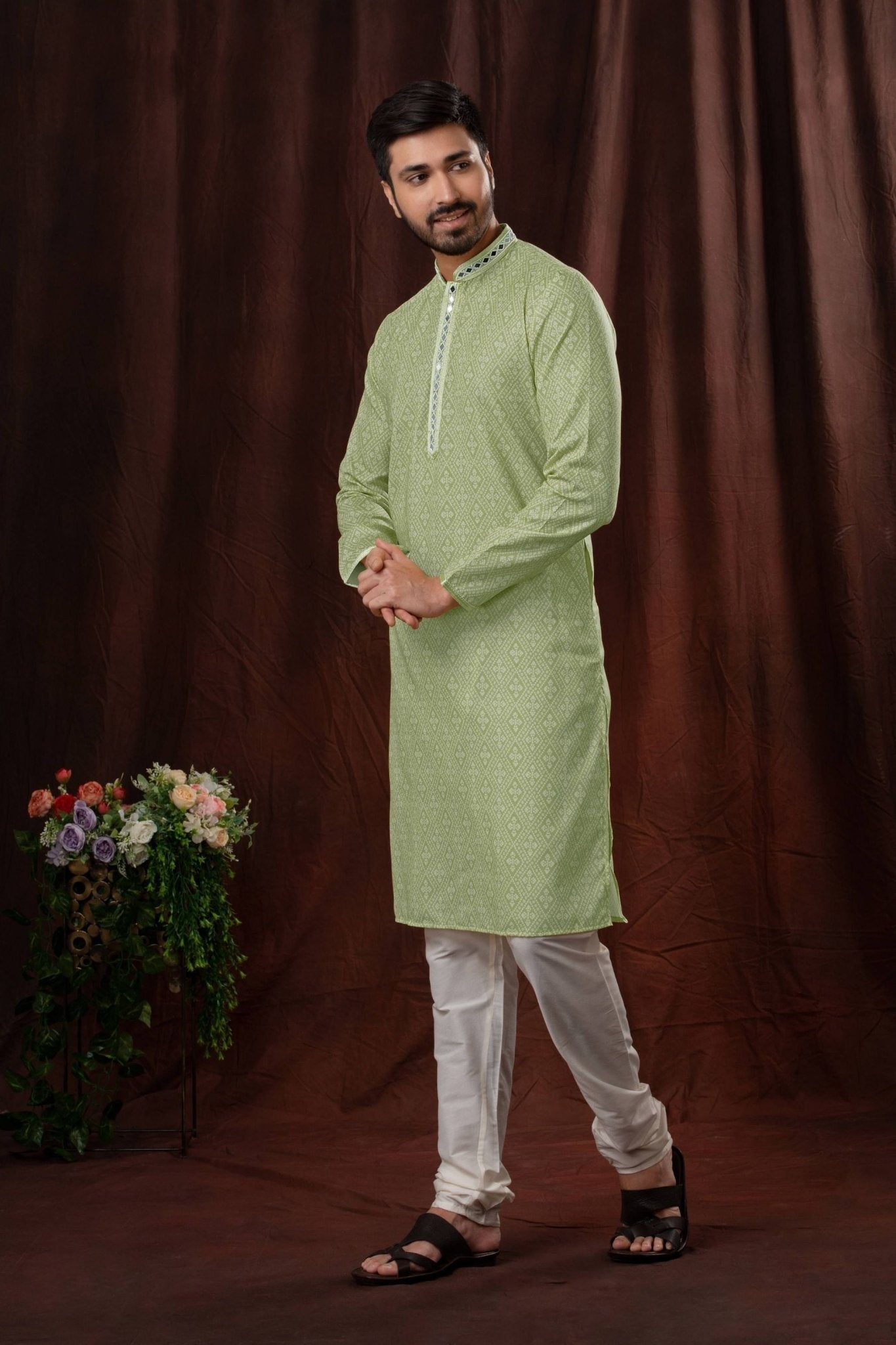 Light Green Printed Art Silk Kurta for Men with Off - White Pyjama - Mangaldeep NX