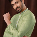 Light Green Printed Art Silk Kurta for Men with Off - White Pyjama - Mangaldeep NX