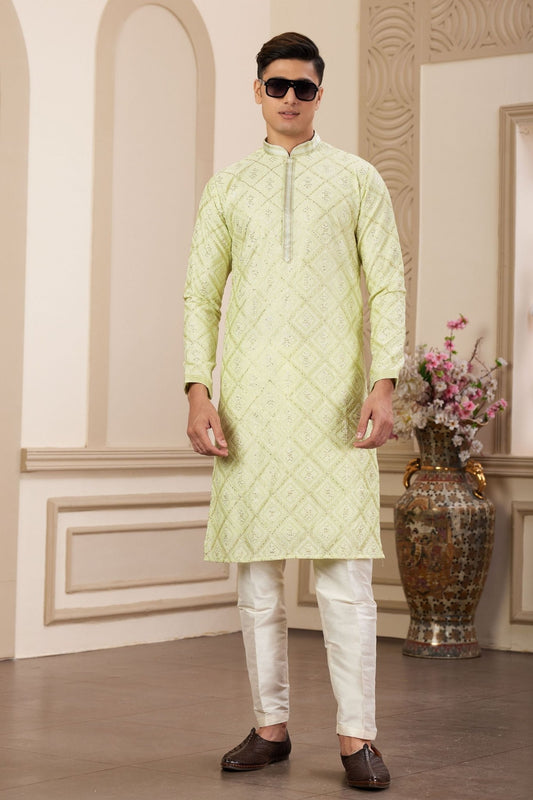 Light Green Sequin Embroidered Silk Kurta Pajama Set for Men - Mangaldeep NX