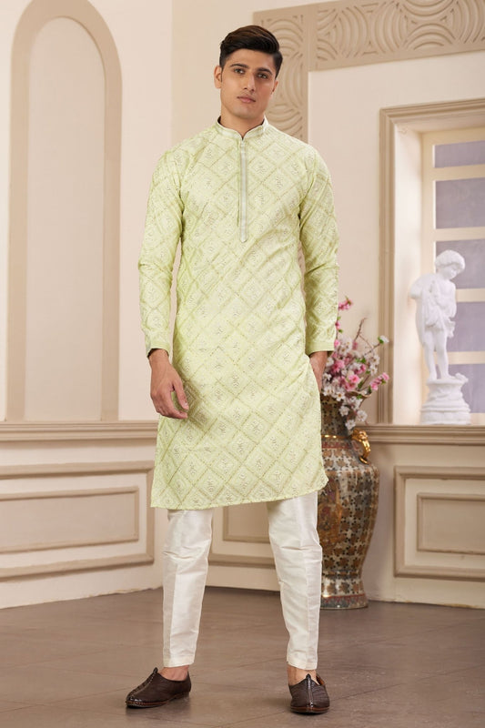 Light Green Sequin Embroidered Silk Kurta Pajama Set for Men - Mangaldeep NX