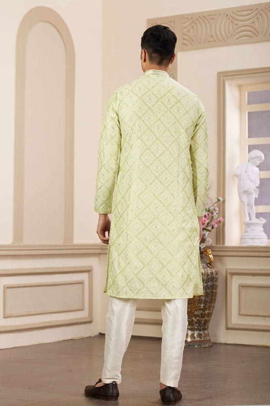 Light Green Sequin Embroidered Silk Kurta Pajama Set for Men - Mangaldeep NX