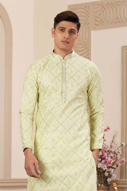 Light Green Sequin Embroidered Silk Kurta Pajama Set for Men - Mangaldeep NX