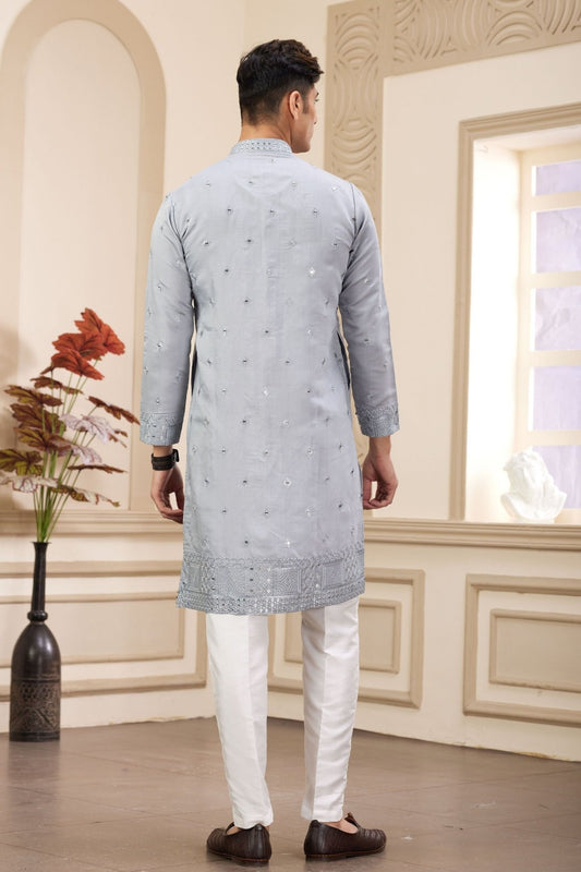 Light Grey Embroidered Kurta with White Churidar Pants for Men - Mangaldeep NX