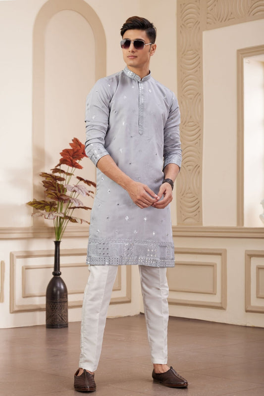 Light Grey Embroidered Kurta with White Churidar Pants for Men - Mangaldeep NX
