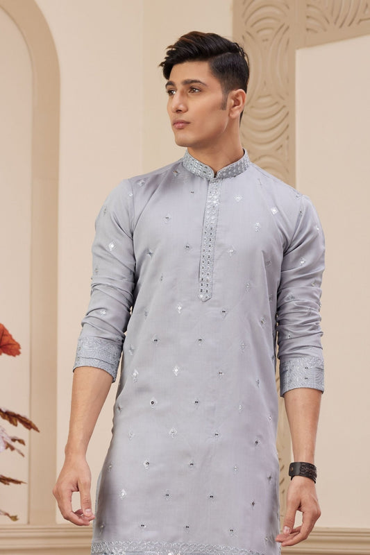 Light Grey Embroidered Kurta with White Churidar Pants for Men - Mangaldeep NX