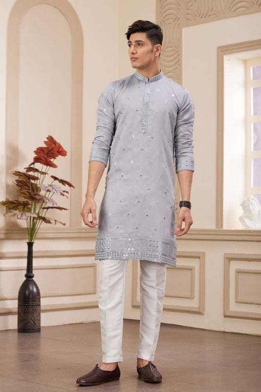 Light Grey Embroidered Kurta with White Churidar Pants for Men - Mangaldeep NX