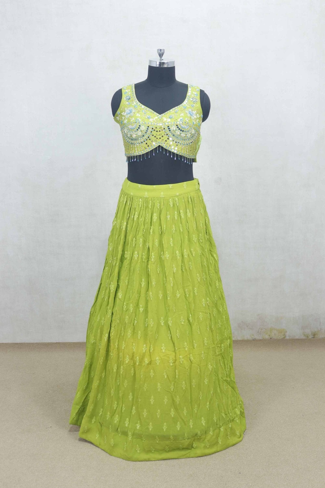 Lime Green Embroidered Lehenga Choli with Mirror Work and Blue Border Dupatta - Mangaldeep NX