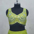 Lime Green Embroidered Lehenga Choli with Mirror Work and Blue Border Dupatta - Mangaldeep NX