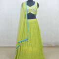 Lime Green Embroidered Lehenga Choli with Mirror Work and Blue Border Dupatta - Mangaldeep NX