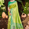 Lime Green Kanjivaram Silk Saree with Turquoise Zari Woven Border and Floral Pallu - Mangaldeep NX