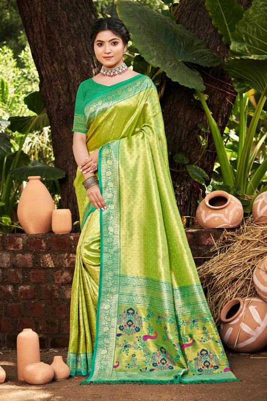 Lime Green Kanjivaram Silk Saree with Turquoise Zari Woven Border and Floral Pallu - Mangaldeep NX