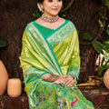 Lime Green Kanjivaram Silk Saree with Turquoise Zari Woven Border and Floral Pallu - Mangaldeep NX
