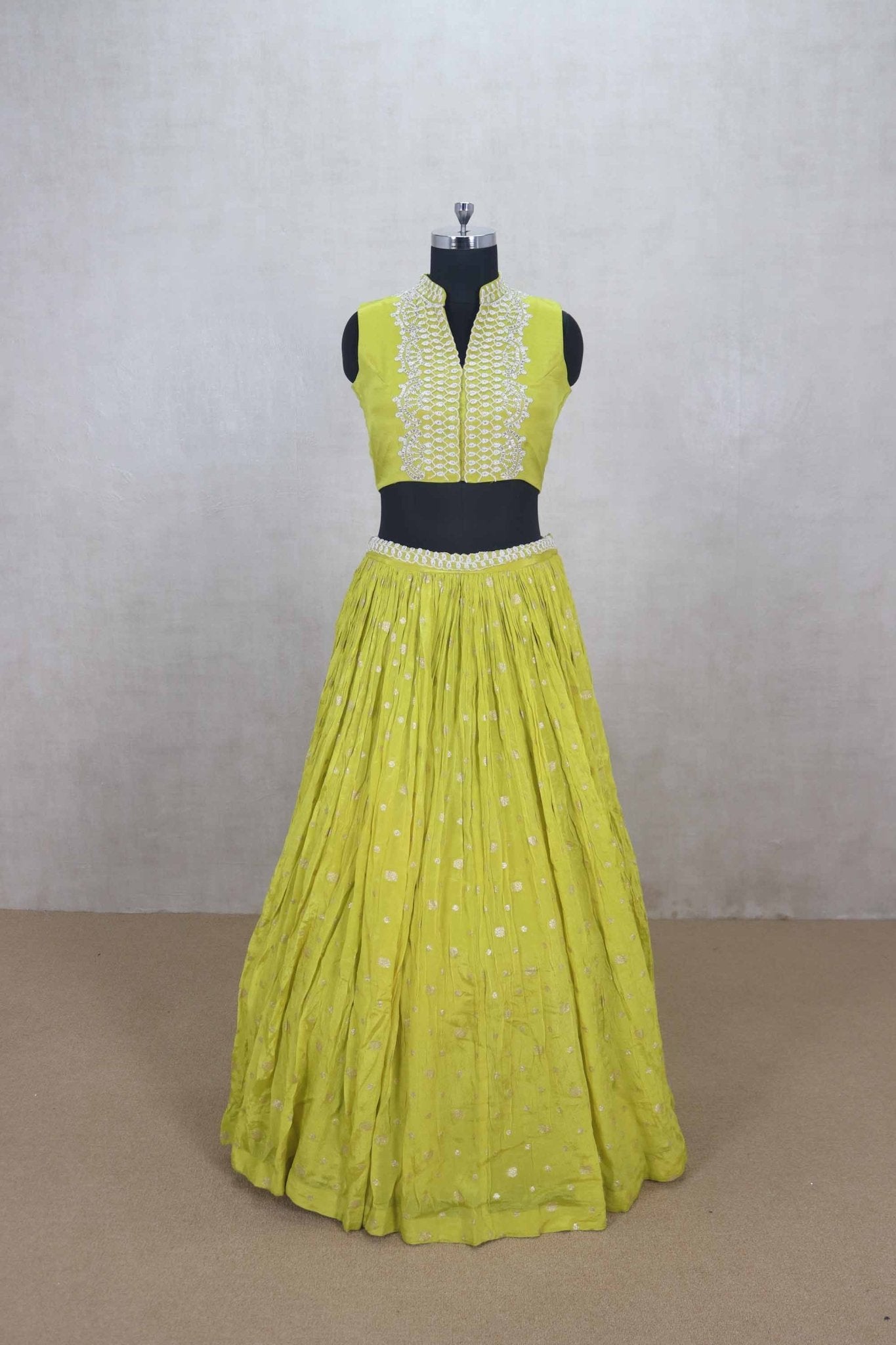 Lime Green Mirror Work Lehenga Choli with Ruffle Dupatta - Mangaldeep NX
