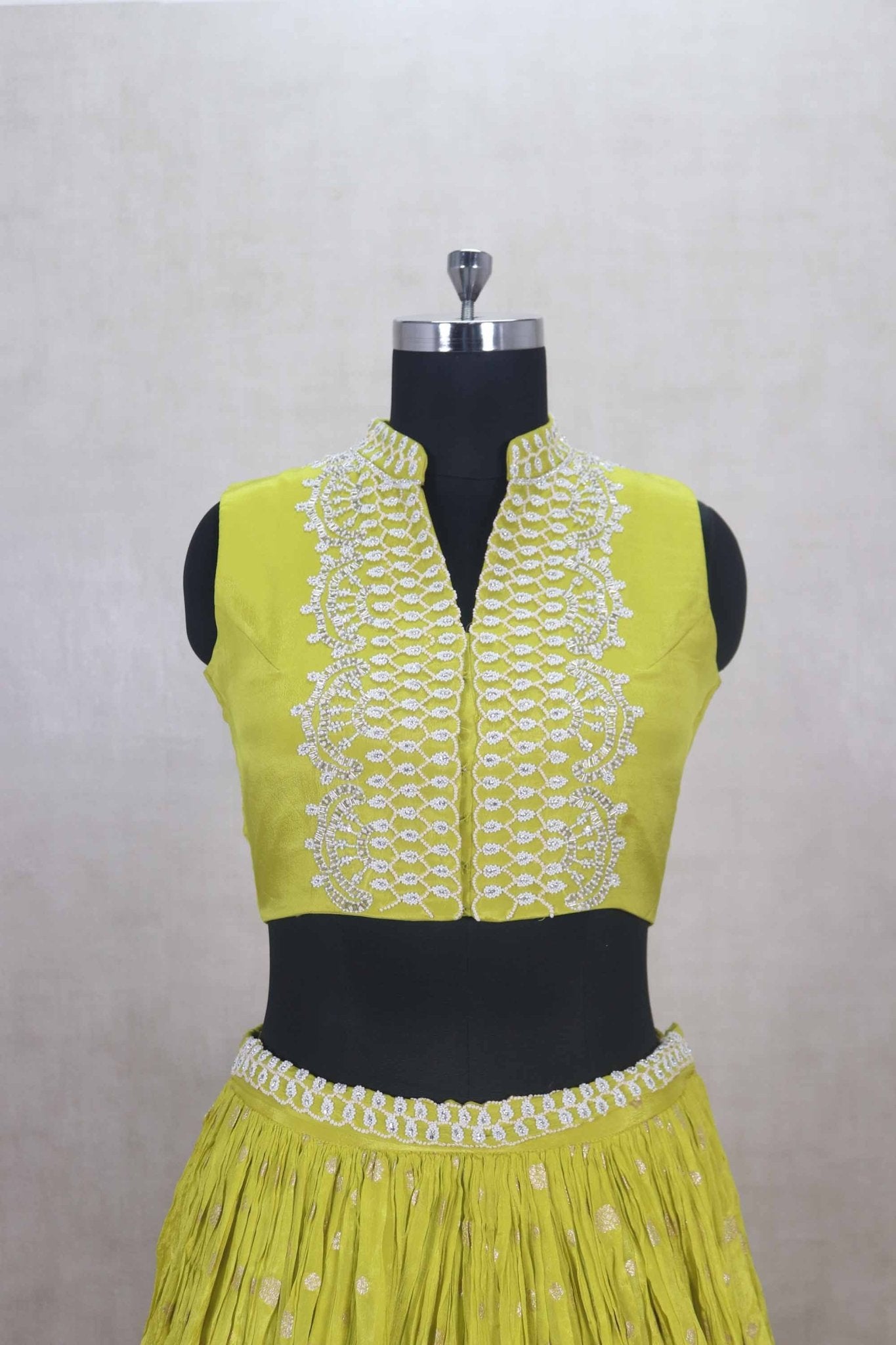 Lime Green Mirror Work Lehenga Choli with Ruffle Dupatta - Mangaldeep NX