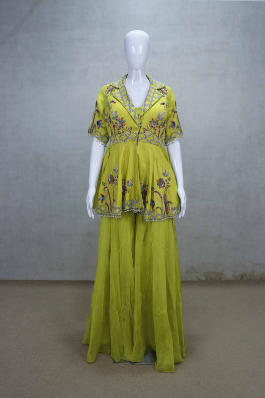 Lime Green Peplum Top and Sharara Set with Ruffle Dupatta - Mangaldeep NX