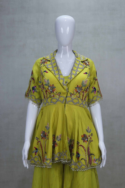 Lime Green Peplum Top and Sharara Set with Ruffle Dupatta - Mangaldeep NX