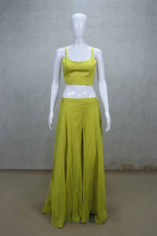 Lime Green Peplum Top and Sharara Set with Ruffle Dupatta - Mangaldeep NX