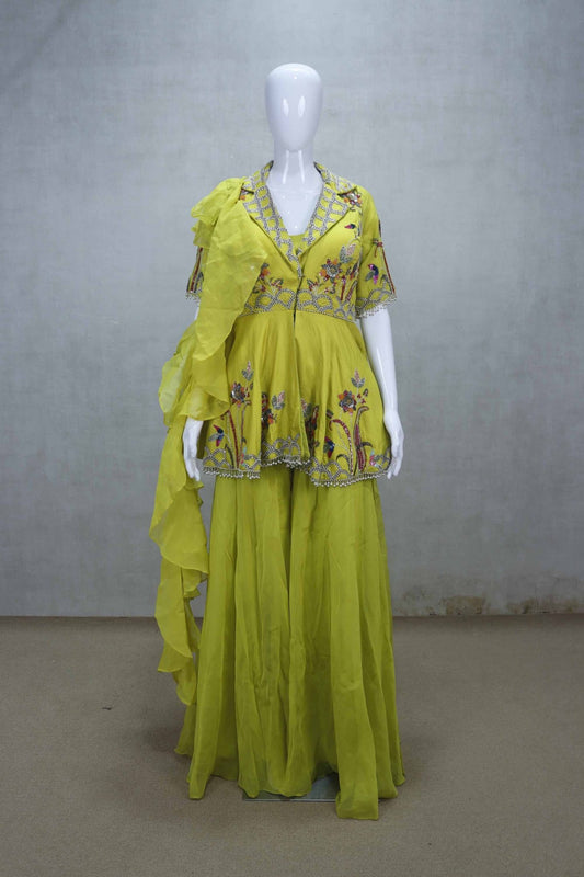 Lime Green Peplum Top and Sharara Set with Ruffle Dupatta - Mangaldeep NX