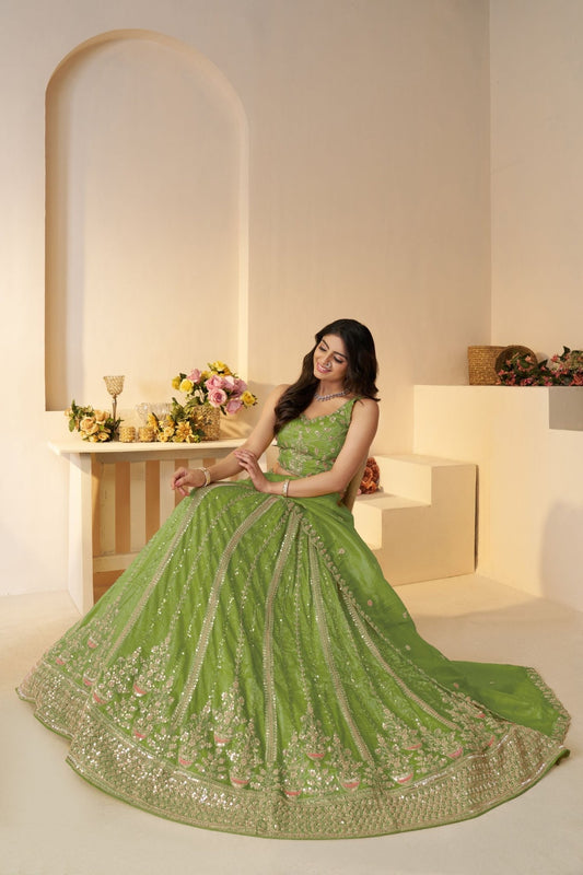 Lime Green Sequin Embroidered Lehenga Choli with Dupatta - Mangaldeep NX