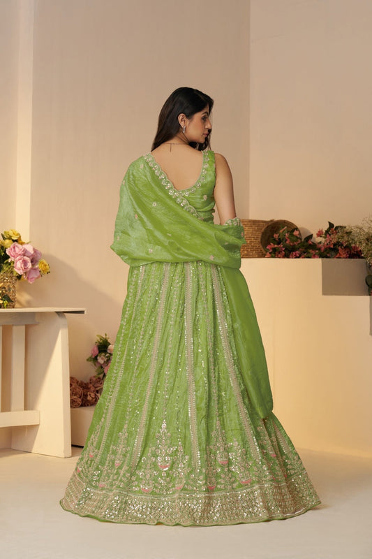 Lime Green Sequin Embroidered Lehenga Choli with Dupatta - Mangaldeep NX