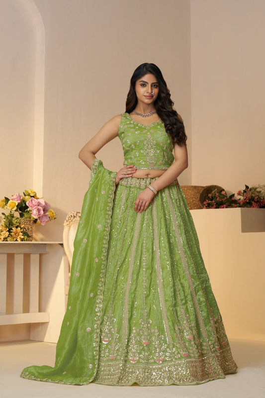 Lime Green Sequin Embroidered Lehenga Choli with Dupatta - Mangaldeep NX
