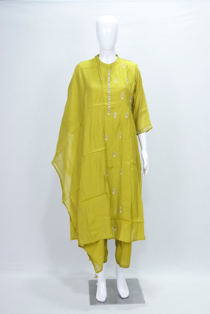 Lime Green Silk Blend Kurta Set with Mirror Work Dupatta - Mangaldeep NX