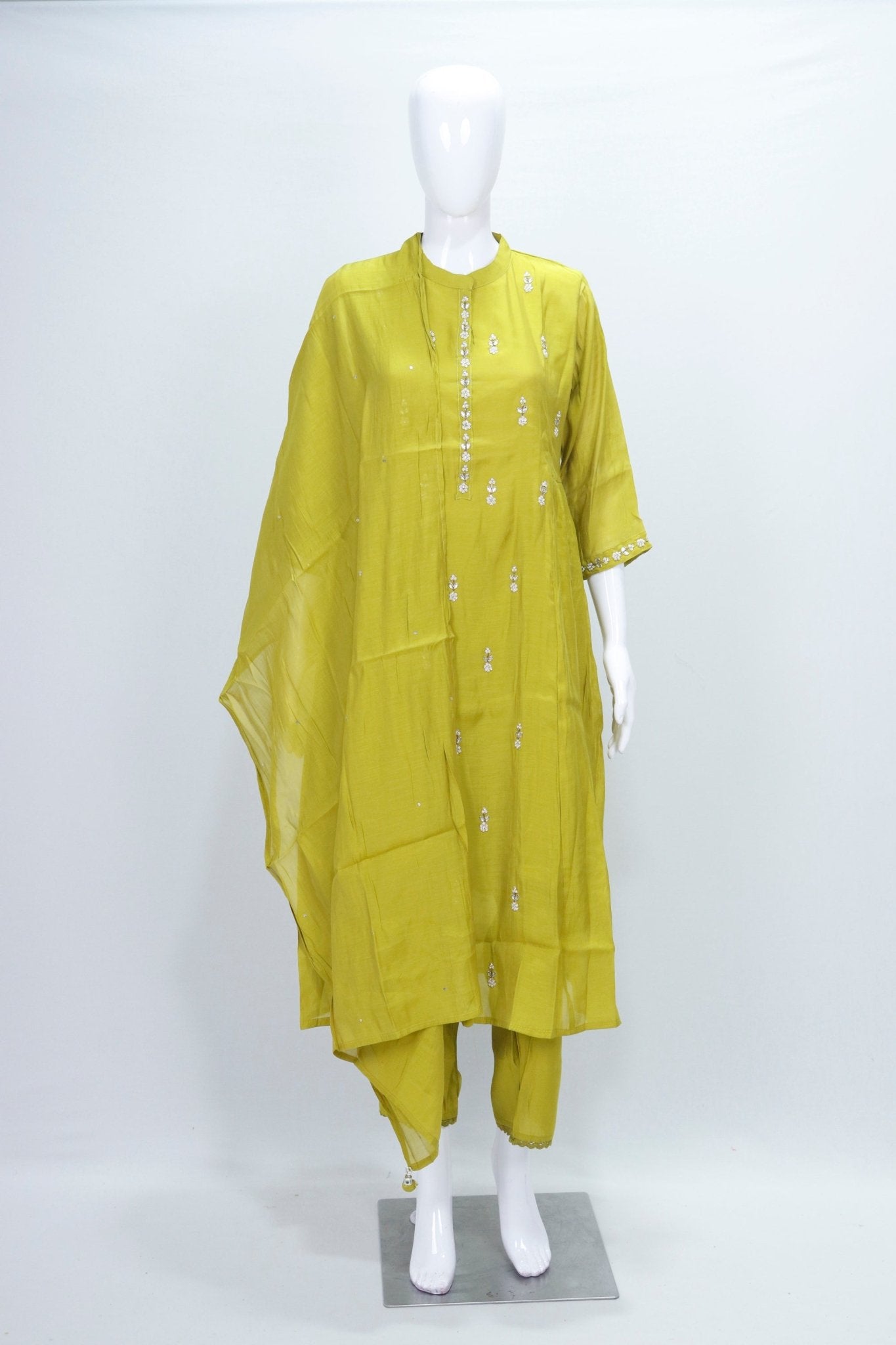 Lime Green Silk Blend Kurta Set with Mirror Work Dupatta - Mangaldeep NX
