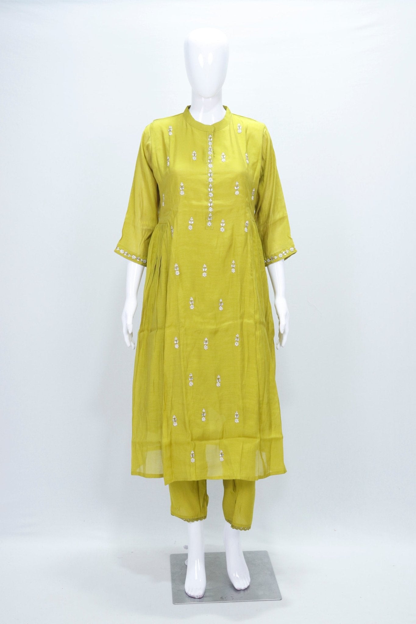 Lime Green Silk Blend Kurta Set with Mirror Work Dupatta - Mangaldeep NX