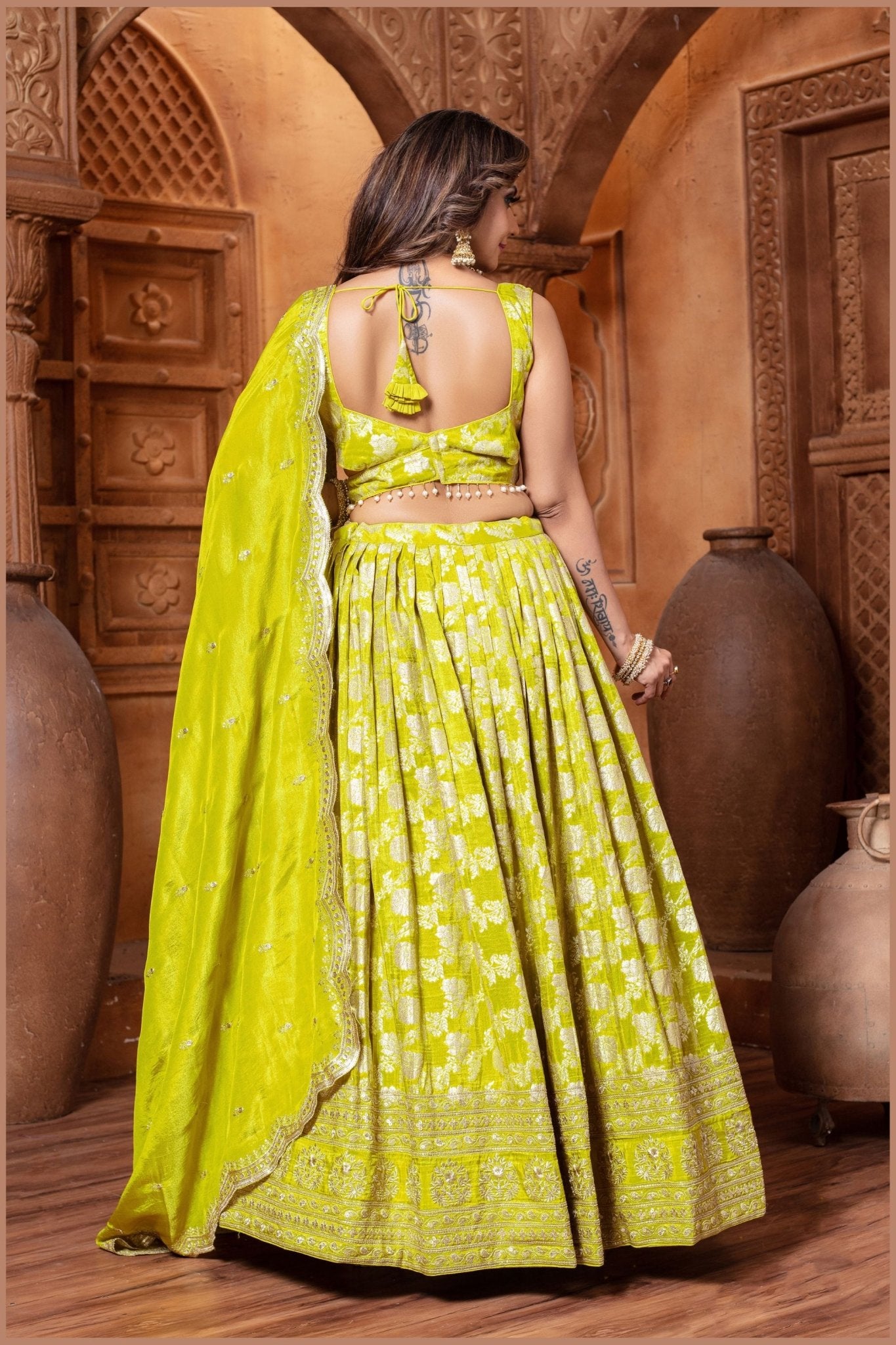 Lime Green Silk Bridal Lehenga Choli with Zari and Sequin Embroidery - Mangaldeep NX
