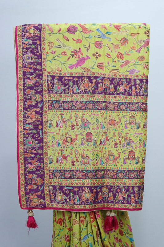 Lime Yellow Printed Saree with Colorful Rajasthani Folk Art and Tassel Pallu - Mangaldeep NX