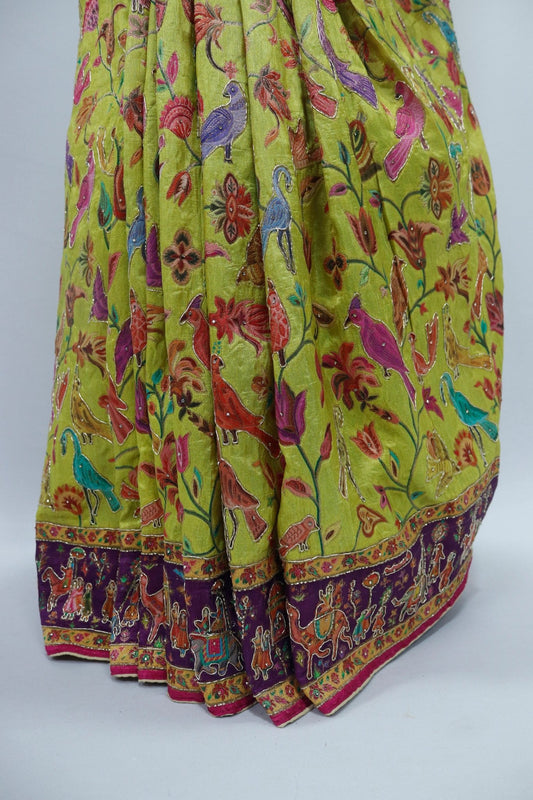 Lime Yellow Printed Saree with Colorful Rajasthani Folk Art and Tassel Pallu - Mangaldeep NX