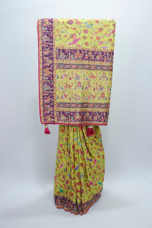 Lime Yellow Printed Saree with Colorful Rajasthani Folk Art and Tassel Pallu - Mangaldeep NX