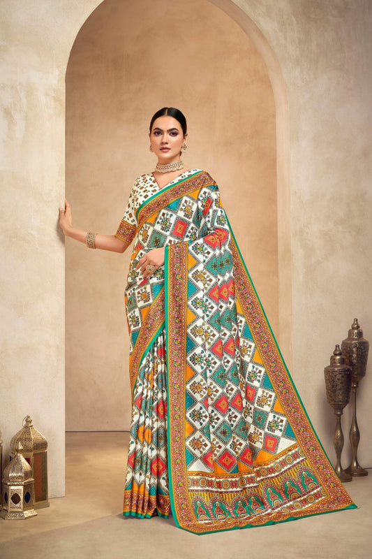 Lovely Cream and Multicolor Bandhani Printed Saree with Traditional Geometric Motifs - Mangaldeep NX