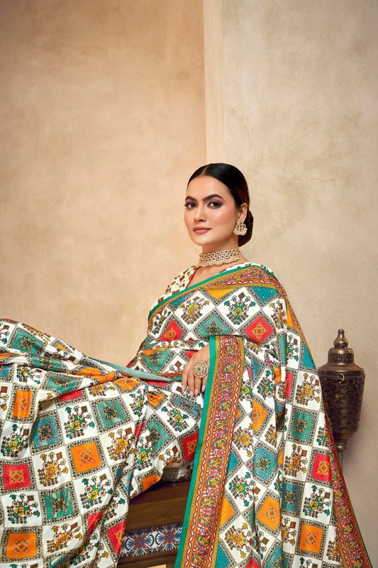 Lovely Cream and Multicolor Bandhani Printed Saree with Traditional Geometric Motifs - Mangaldeep NX