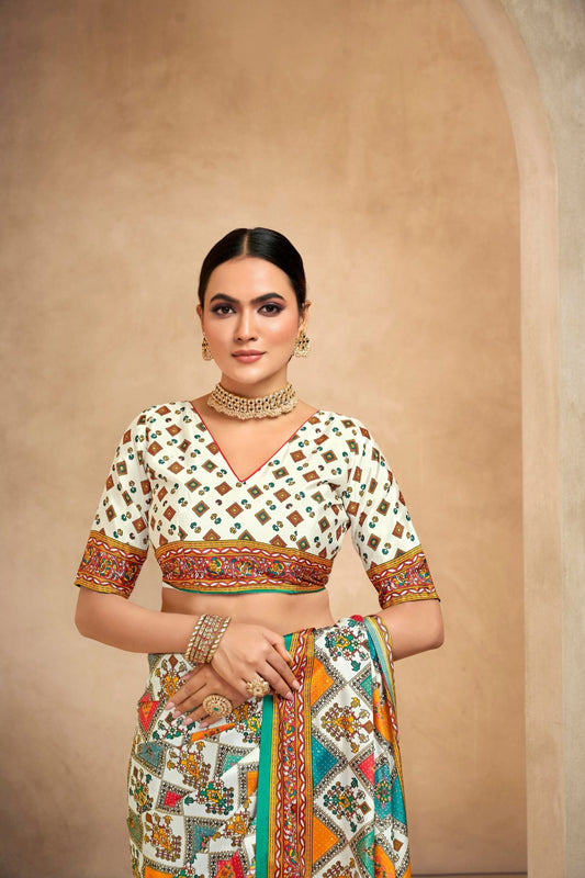Lovely Cream and Multicolor Bandhani Printed Saree with Traditional Geometric Motifs - Mangaldeep NX