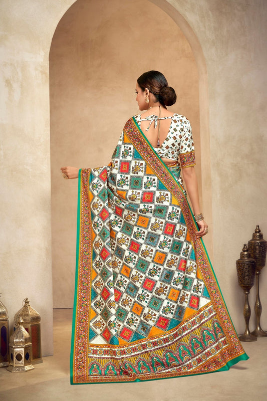 Lovely Cream and Multicolor Bandhani Printed Saree with Traditional Geometric Motifs - Mangaldeep NX