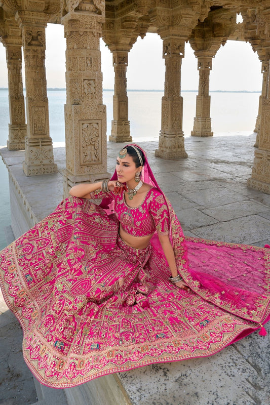 Lovely Fuchsia Pink Bridal Lehenga Choli with Heavy Zari and Intricate Embroidery - Mangaldeep NX