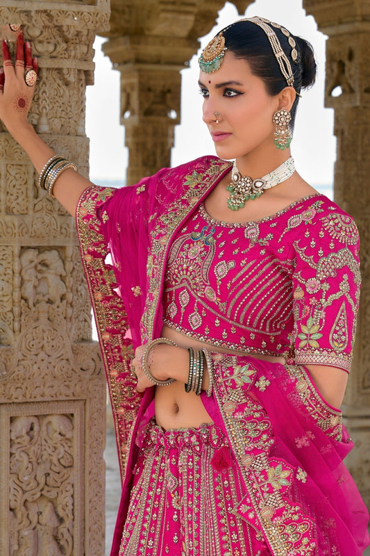 Lovely Fuchsia Pink Bridal Lehenga Choli with Heavy Zari and Intricate Embroidery - Mangaldeep NX