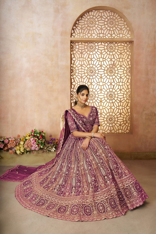 Luxurious Dark Purple Heavy Embroidered Bridal Lehenga Choli Set with Net Dupatta - Mangaldeep NX