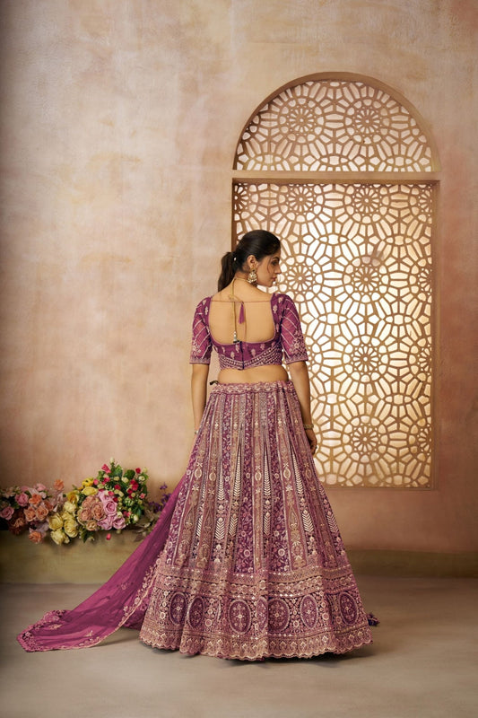 Luxurious Dark Purple Heavy Embroidered Bridal Lehenga Choli Set with Net Dupatta - Mangaldeep NX
