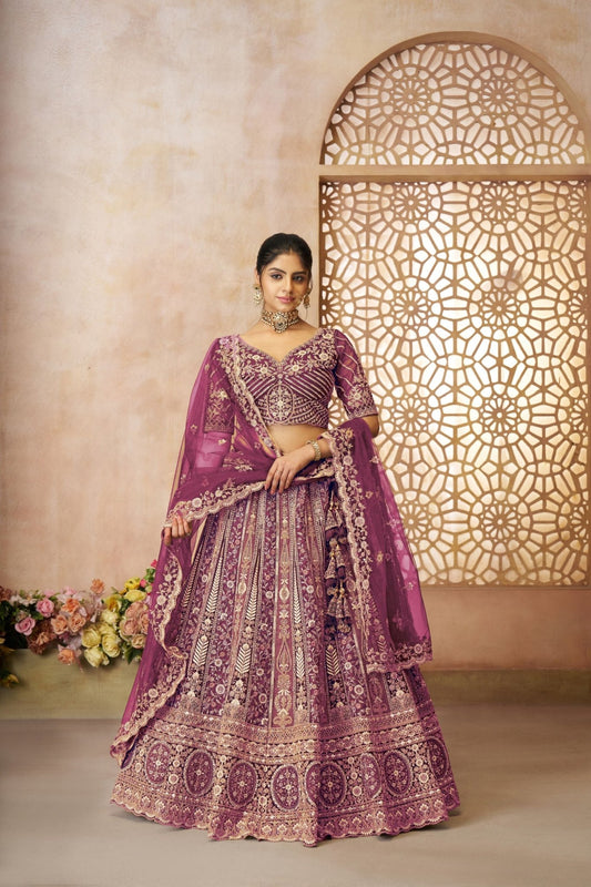 Luxurious Dark Purple Heavy Embroidered Bridal Lehenga Choli Set with Net Dupatta - Mangaldeep NX