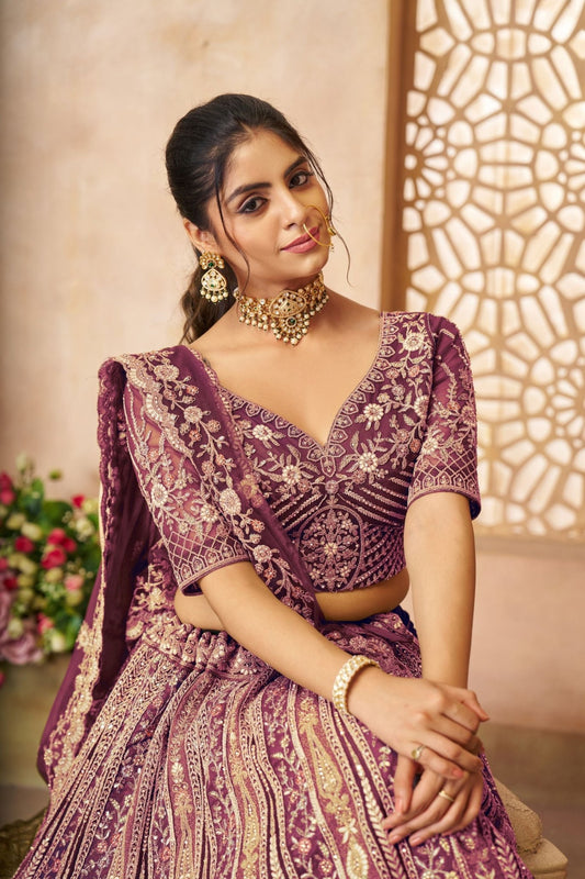 Luxurious Dark Purple Heavy Embroidered Bridal Lehenga Choli Set with Net Dupatta - Mangaldeep NX