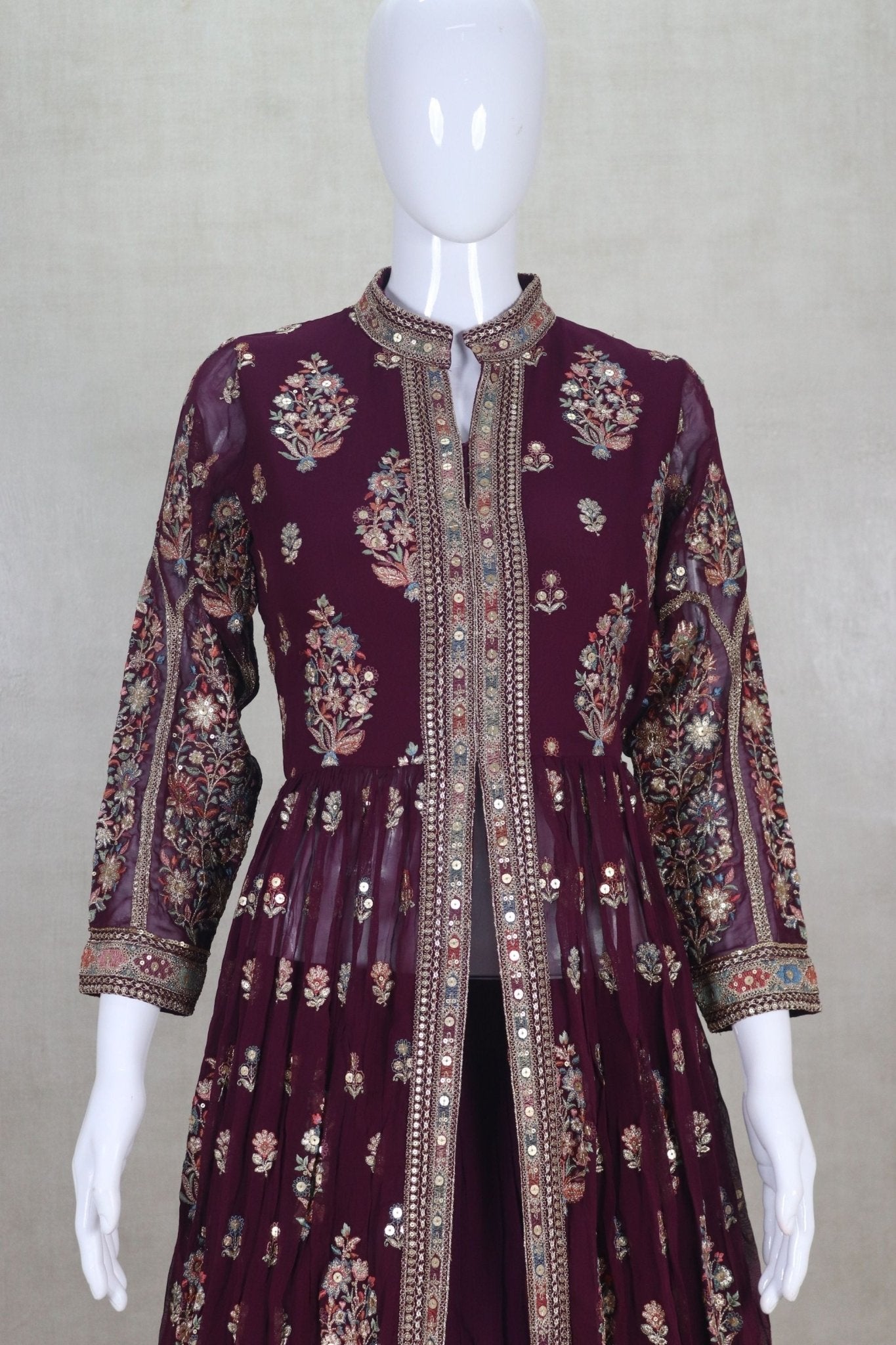 Luxurious Maroon Floor - Length Embroidered Jacket Lehenga Choli - Mangaldeep NX