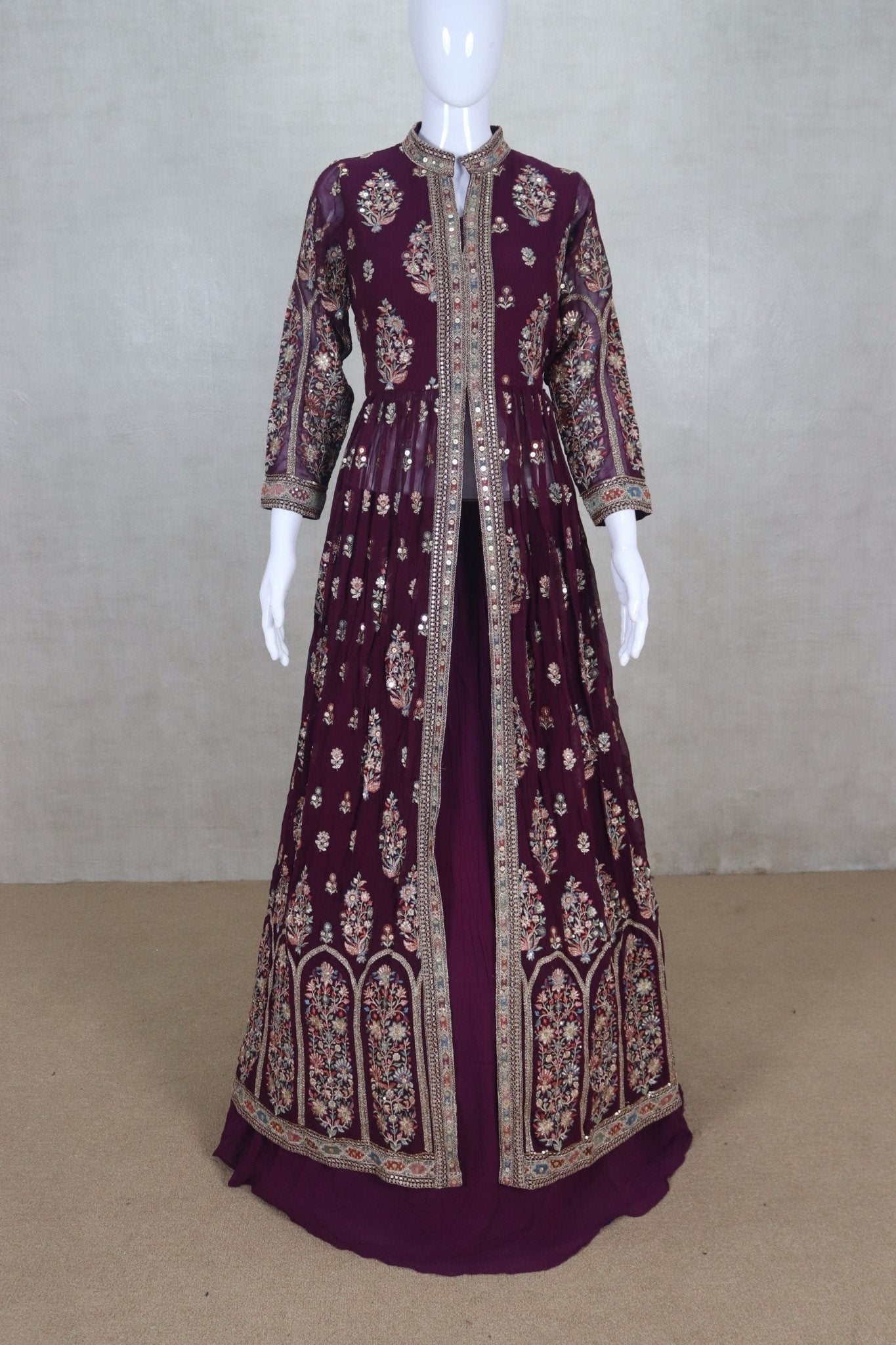Luxurious Maroon Floor - Length Embroidered Jacket Lehenga Choli - Mangaldeep NX