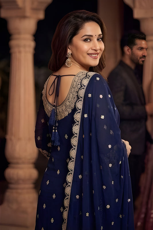 Elegant Navy Blue Georgette Embroidered Readymade Palazzo Suit with Dupatta for Women