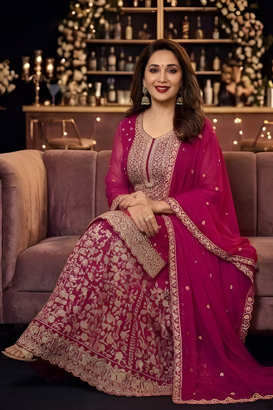 Delicate Pink Georgette Embroidered Readymade Palazzo Suit with Dupatta for Women